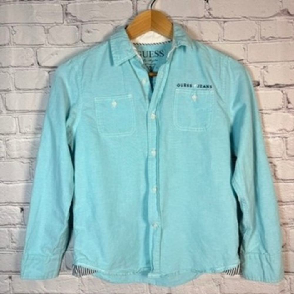 Guess Jeans Boys M 12/14 Aqua Blue Long Sleeve Button Down Shirt Logo